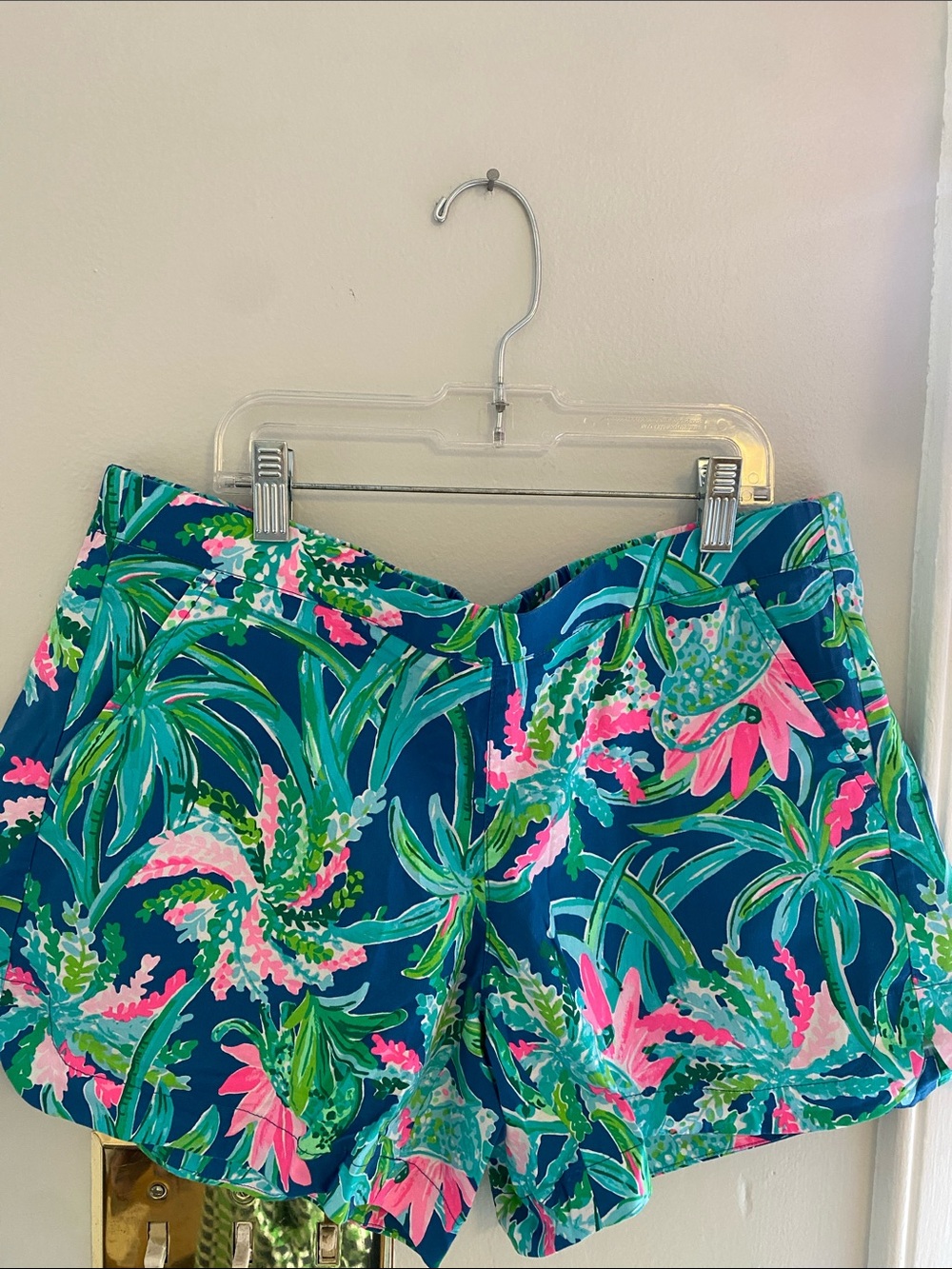Lilly Pulitzer Navy Blue Tropical Floral Cotton Shorts with Pink & Green Accents
